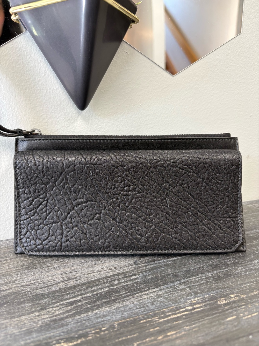 Women's Black Textured Leather Zip Wallet
